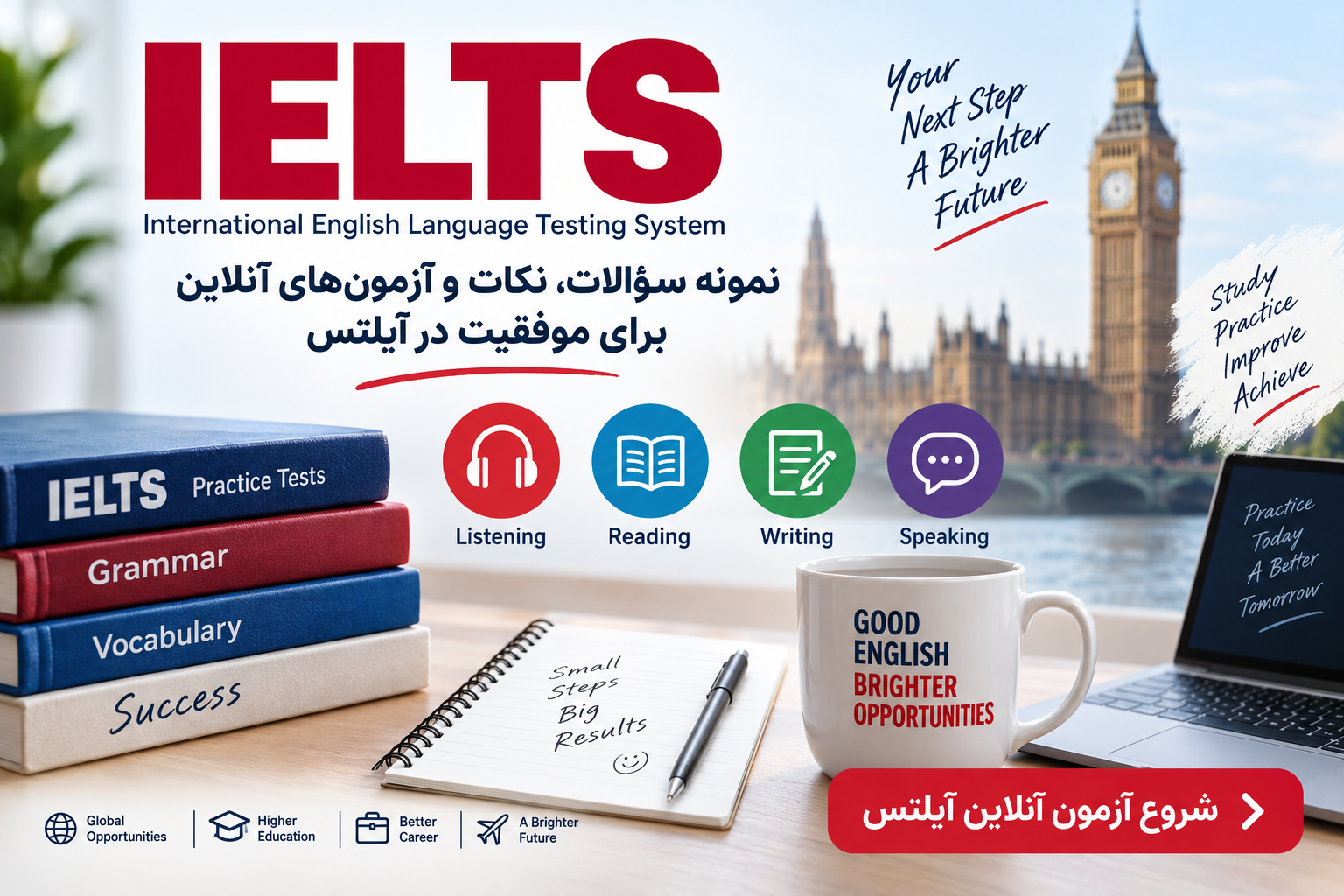 نمونه سؤالات آزمون آیلتس IELTS و تمرین آنلاین مهارت‌های زبان انگلیسی در آزمونتو